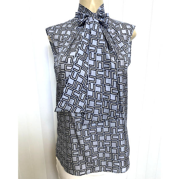Les Copains Silk Top Blouse Geometric Sleeveless Neck Tie Gray Blue 42 4 6 S - Picture 2 of 8